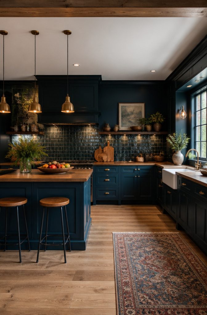 20 Kitchen Cupboard Ideas to Refresh Your Space in 2026 9 Kitchen with deep navy and green cabinets.