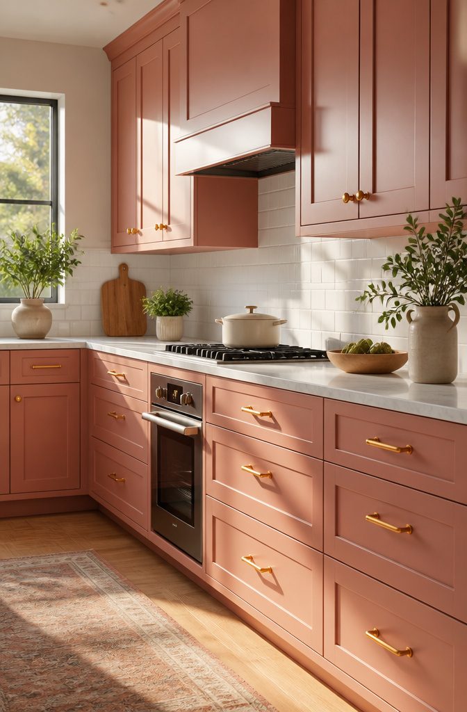 20 Kitchen Cupboard Ideas to Refresh Your Space in 2026 7 Kitchen with pink cabinetry and warm lighting.