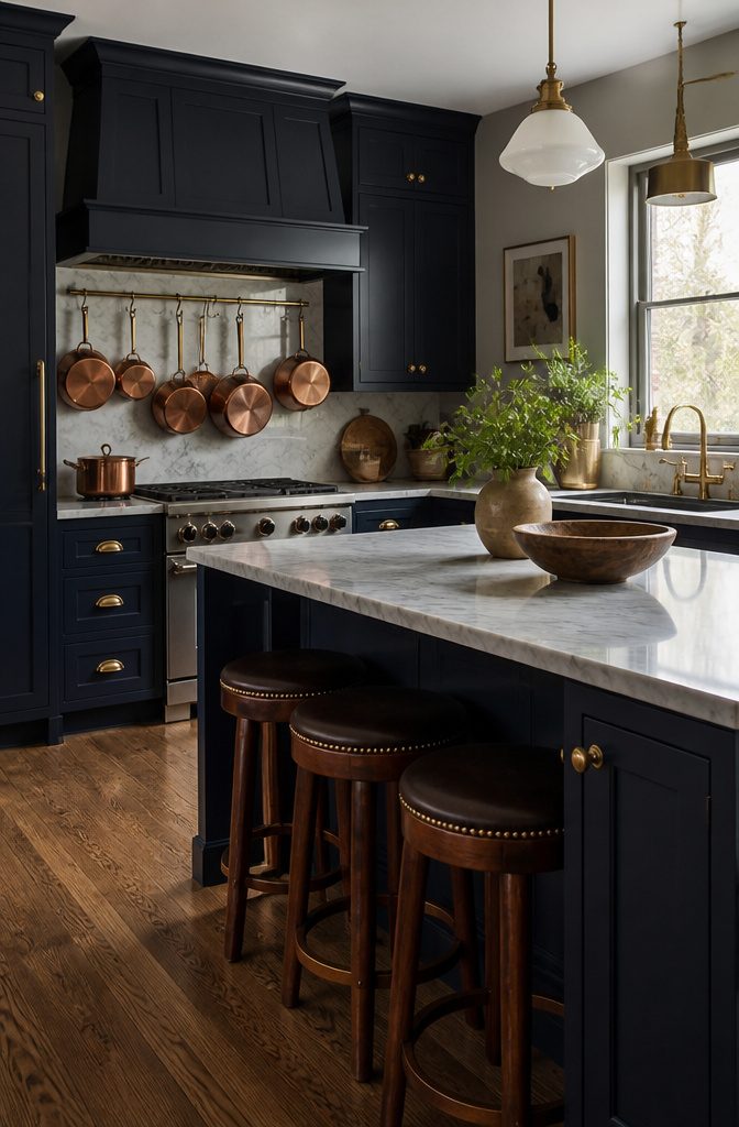 20 Kitchen Cupboard Ideas to Refresh Your Space in 2026 21 Kitchen with trendy navy cabinets and brass hardware.