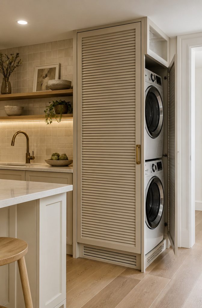 20 Kitchen Cupboard Ideas to Refresh Your Space in 2026 15 Kitchen with vented cabinets designed for a stacked washer-dryer.