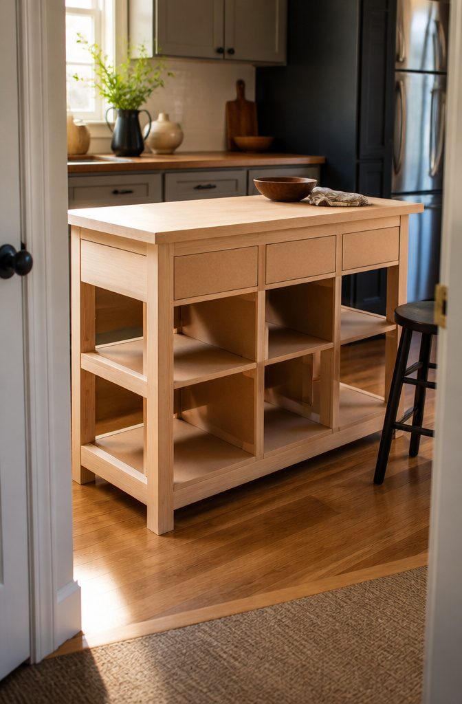 How to Build a Kitchen Island: 7 Steps from Plan to Finish 5 Kitchen island frame with fitted drawers and shelves in a lived-in kitchen