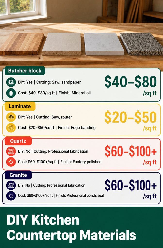 How to Build a Kitchen Island: 7 Steps from Plan to Finish 12 Kitchen countertop materials graphic comparing butcher block, laminate, quartz, and granite