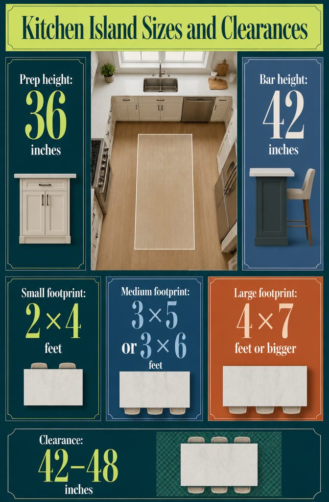 How to Build a Kitchen Island: 7 Steps from Plan to Finish 11 Kitchen island dimensions graphic with island sizes and surrounding clearance
