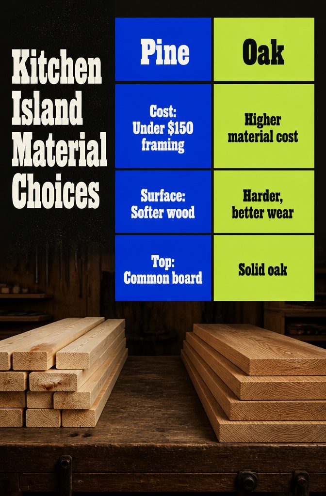How to Build a Kitchen Island: 7 Steps from Plan to Finish 9 Kitchen island materials graphic comparing frame lumber and countertop options