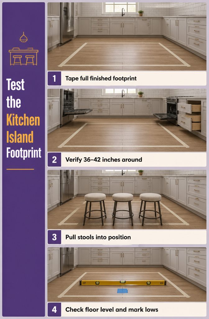 How to Build a Kitchen Island: 7 Steps from Plan to Finish 3 Kitchen floor with painter’s tape outlining a proposed island footprint