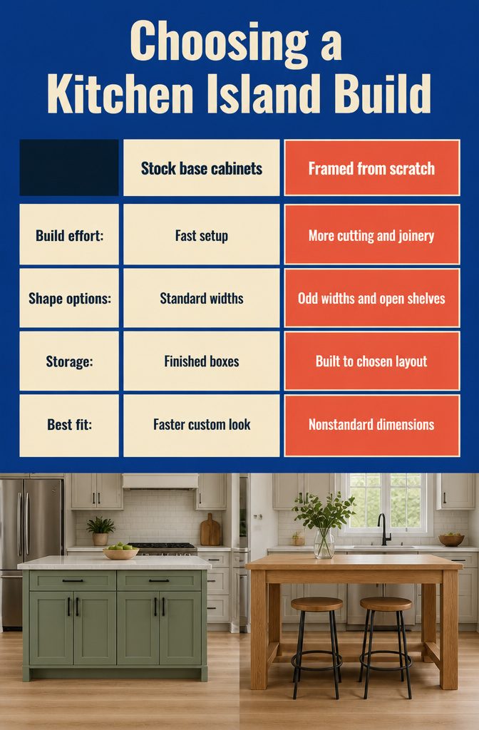 How to Build a Kitchen Island: 7 Steps from Plan to Finish 2 Kitchen island build comparison graphic with options for cabinet, framed, and table styles