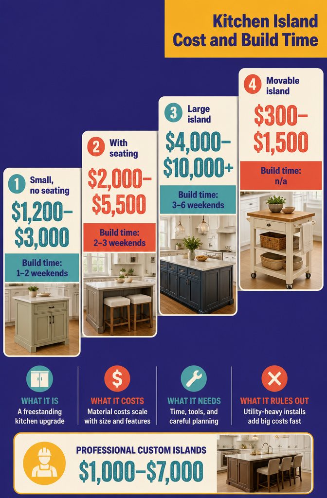 How to Build a Kitchen Island: 7 Steps from Plan to Finish 14 Kitchen island cost graphic comparing project types, material prices, and build times