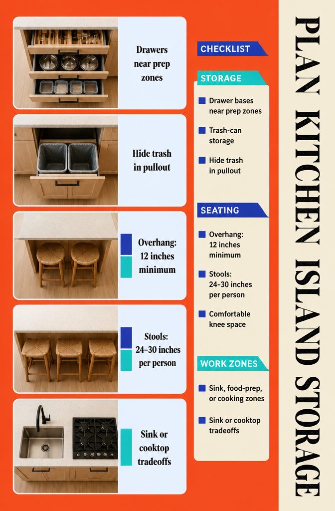 How to Build a Kitchen Island: 7 Steps from Plan to Finish 10 Kitchen island planning graphic with storage, seating, and work zone details