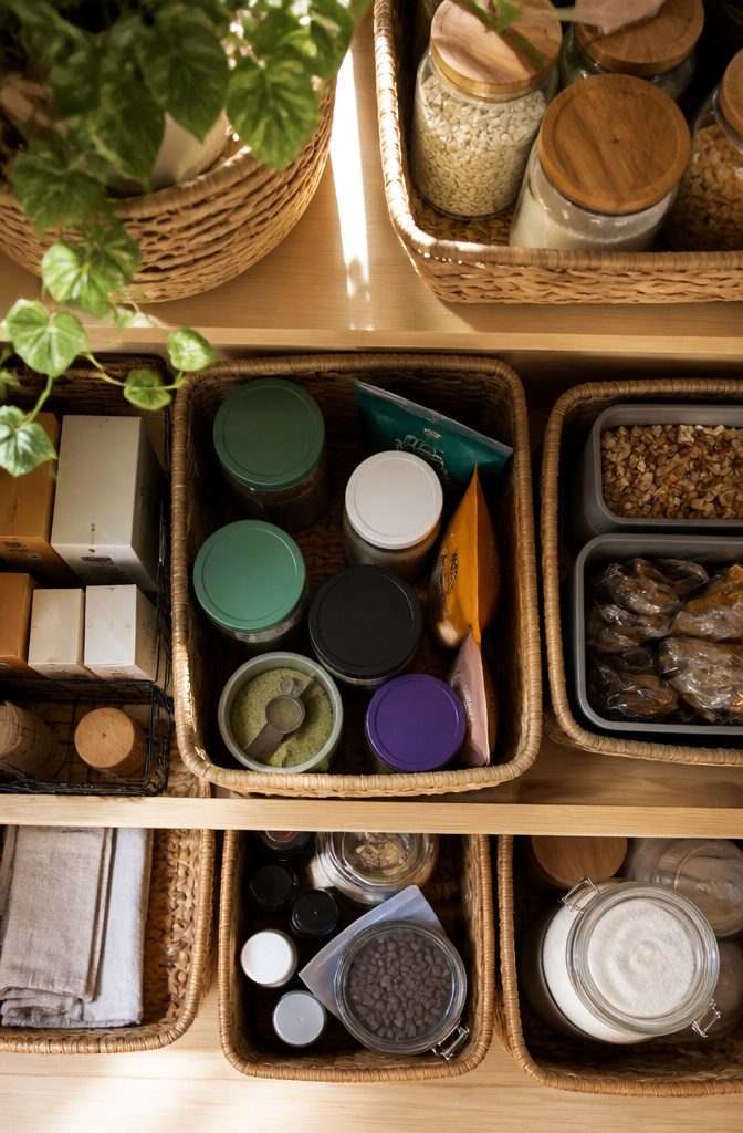 Baskets in a pantry holding various snacks and protein powder for easy access.