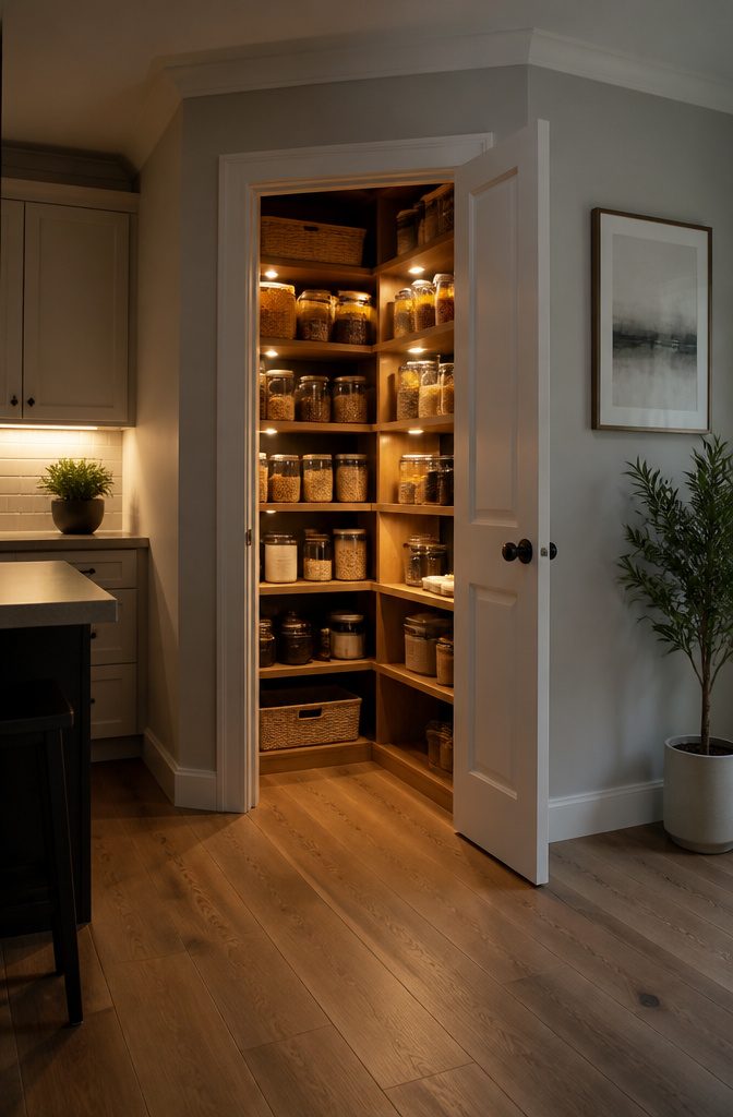 Battery-operated puck lights mounted under pantry shelves for illumination.