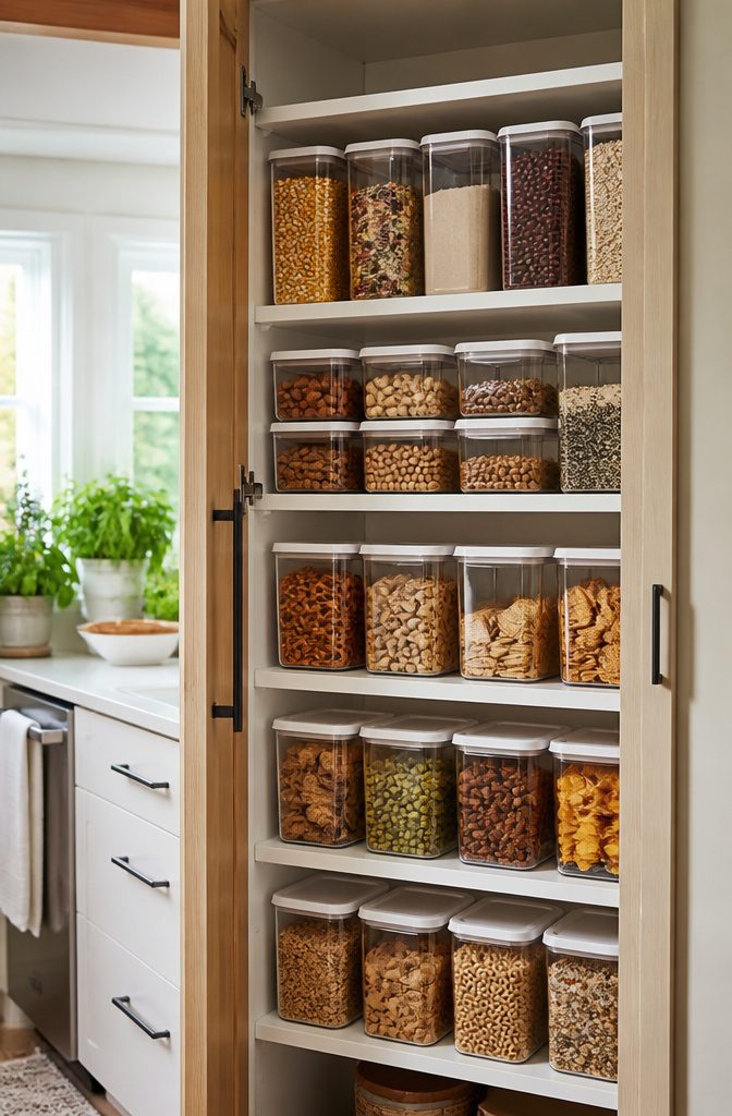 An array of clear containers filled with grains and snacks on a white shelf.