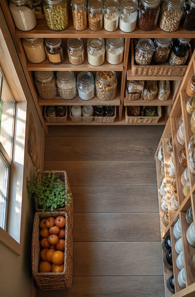 A pantry organized into zones for breakfast foods, baking supplies, and snacks.