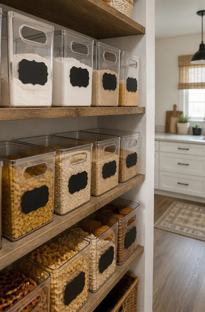 Bins with chalkboard stickers displaying categories of pantry items on a shelf.