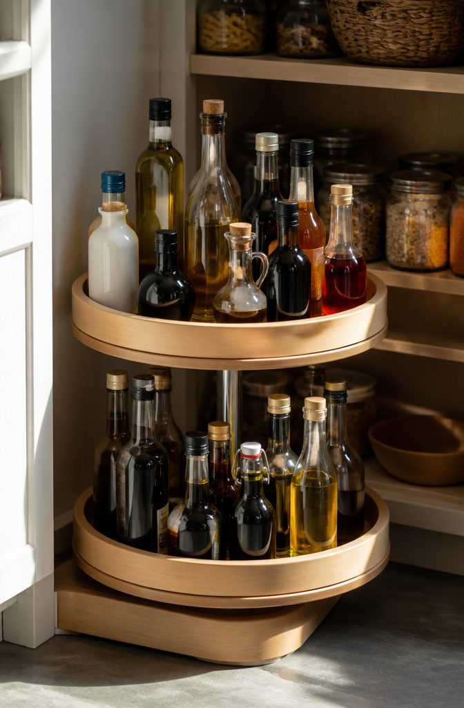 A lazy Susan holding bottles of oil, vinegar, and sauces in a pantry corner.