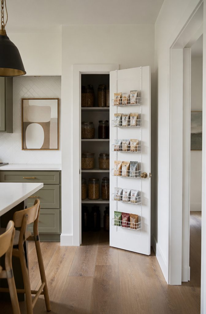 Baskets on the back of a pantry door hold spice packets and snack bags.