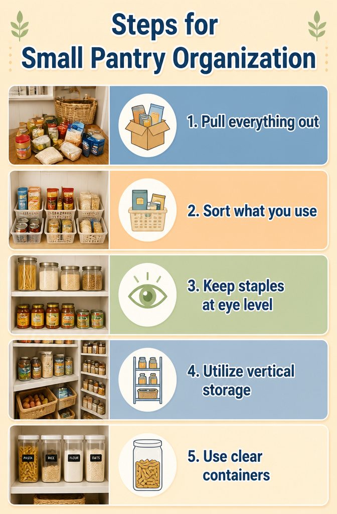 Steps for organizing a small pantry with adjustable shelves and labeled bins.