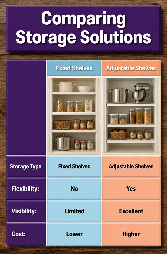 A comparison of fixed shelves versus adjustable shelving solutions in a pantry.