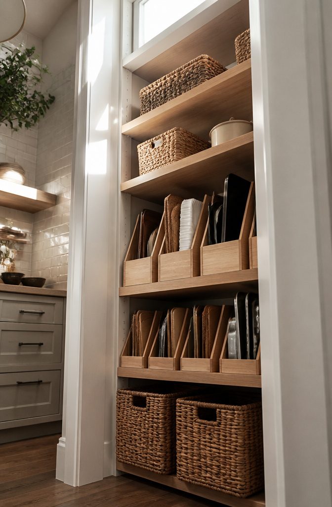 Adjustable pantry shelves with baskets and boxes for organized vertical storage.