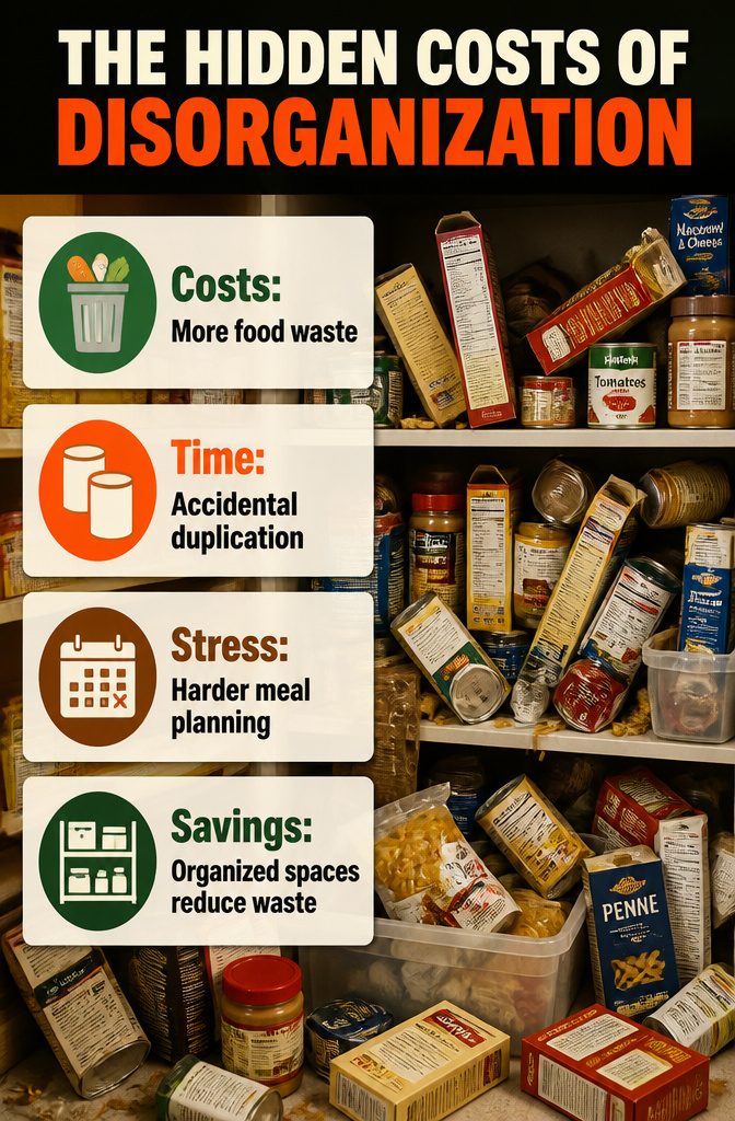 A visual representation of the hidden costs associated with pantry disorganization.
