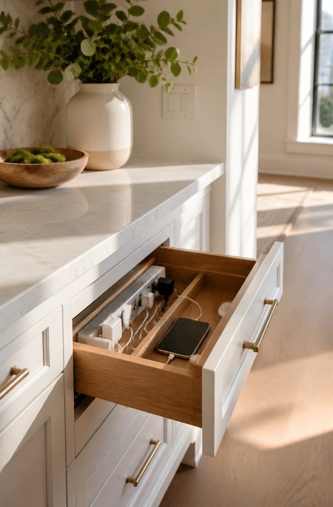 A kitchen drawer with a power strip for charging devices.