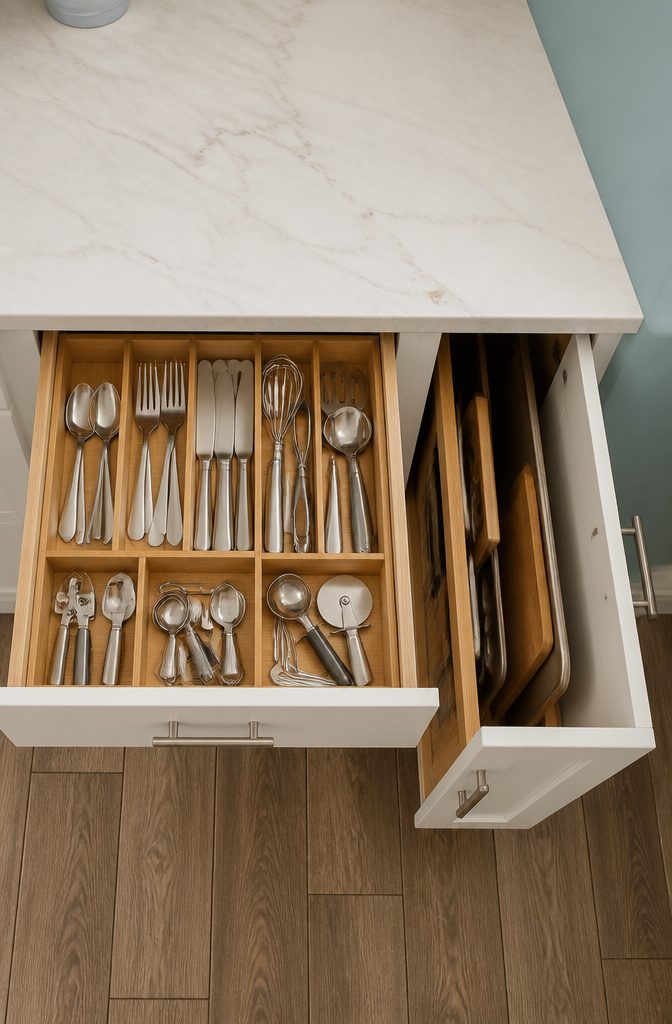 Organized kitchen drawers with dividers and cabinet organizers.