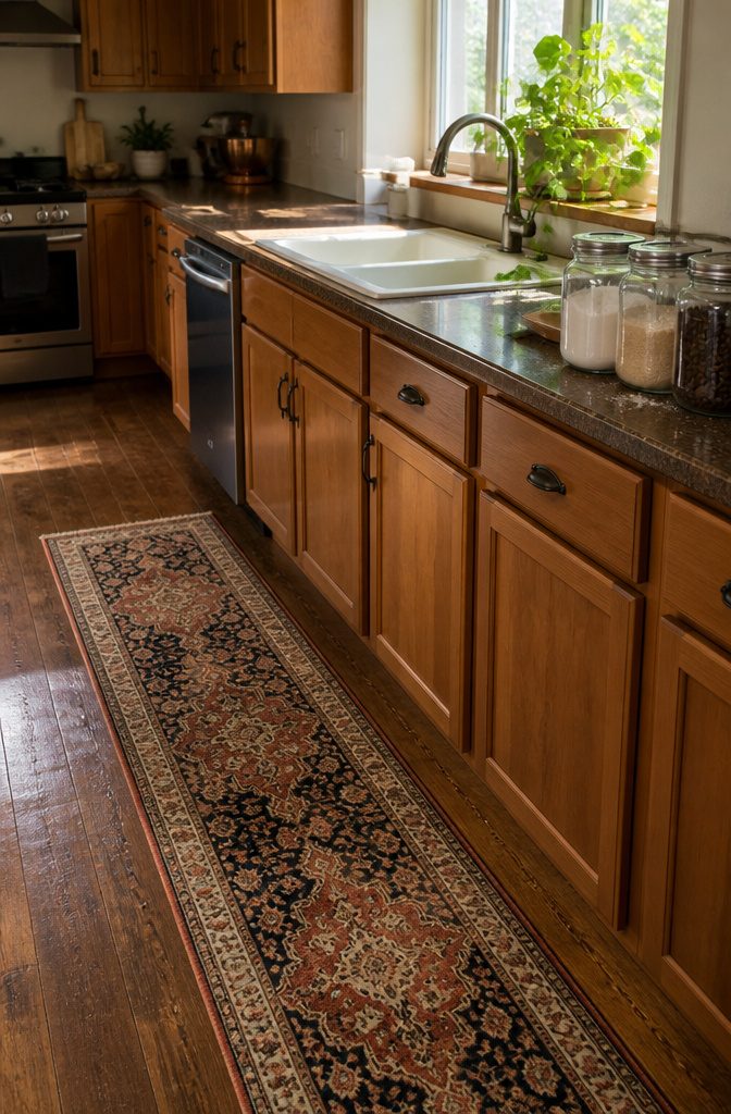 A colorful runner and glass jars filled with ingredients in a kitchen.