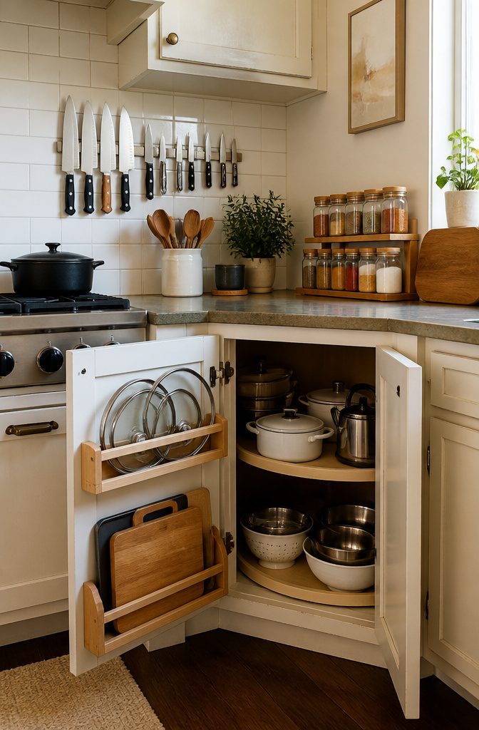 A magnetic knife strip displaying knives in an organized kitchen.