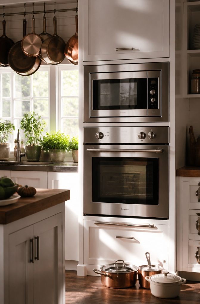 A wall oven and microwave unit in a sleek kitchen.