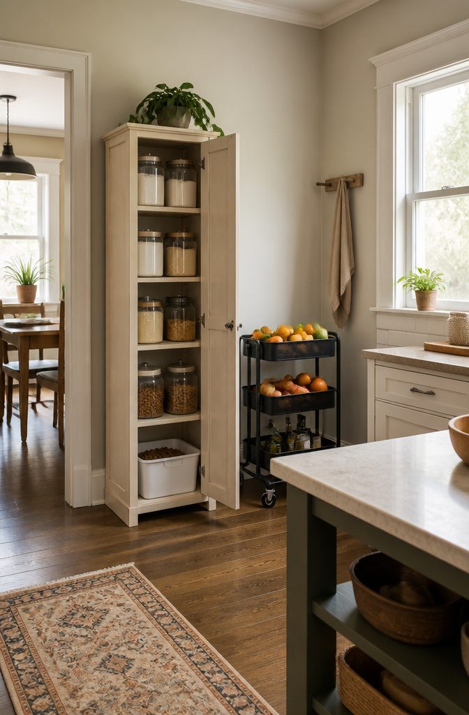 A rolling cart used for storage in a kitchen.