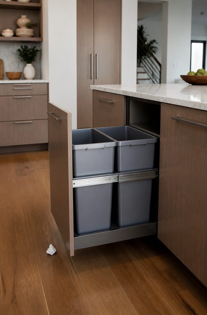 A pull-out trash bin system in a modern kitchen cabinet.