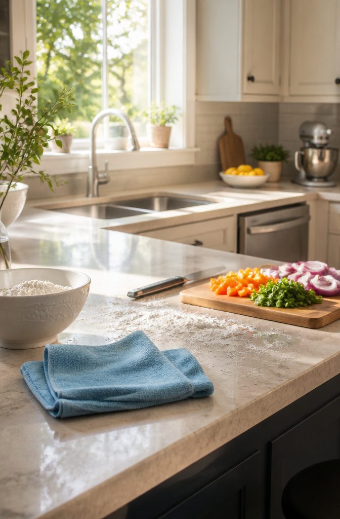 A clean kitchen counter with a microfiber cloth and fresh ingredients.
