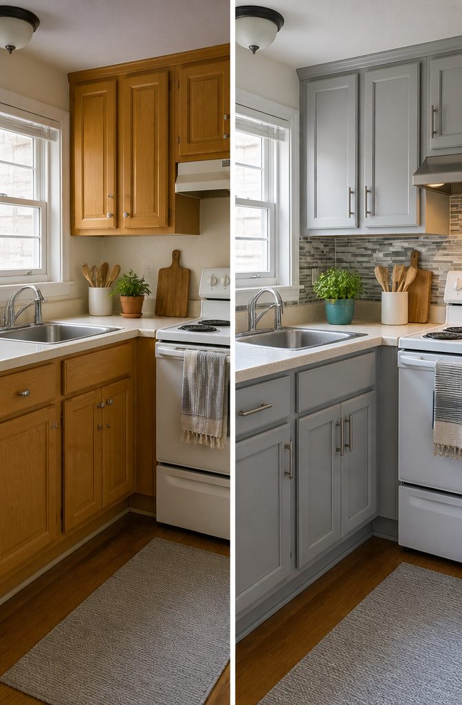 Updated kitchen cabinets and hardware in a small kitchen.