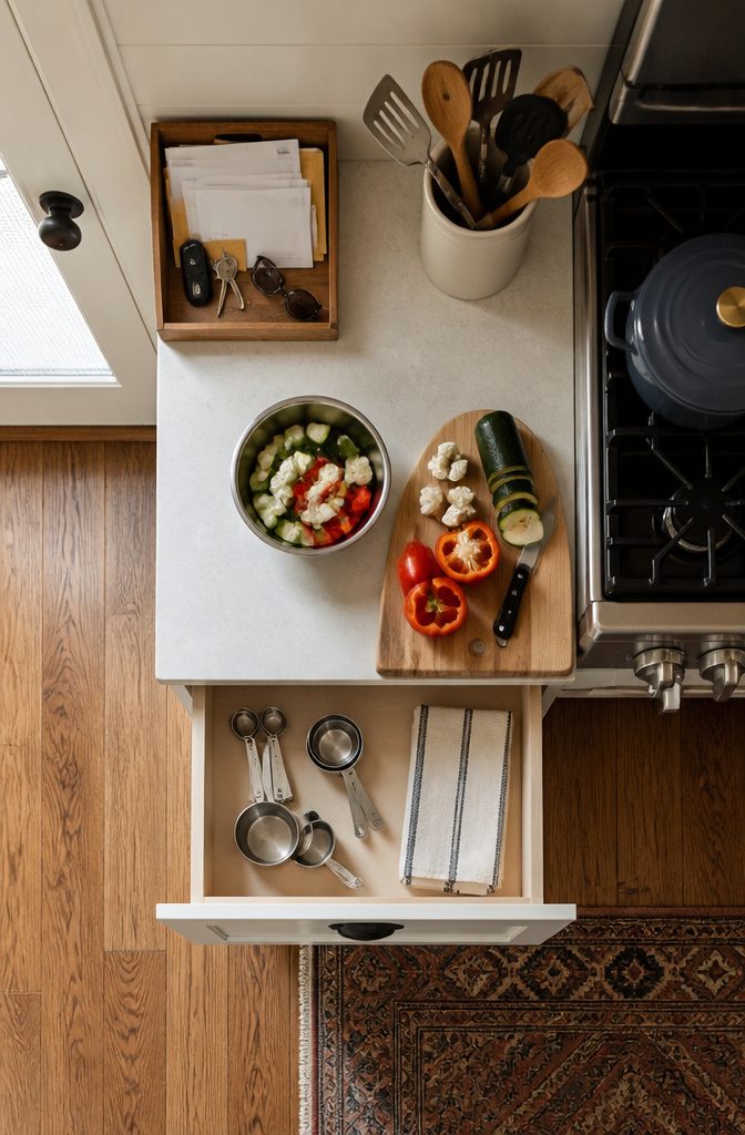 A bowl for keys and organized cooking tools in a kitchen.