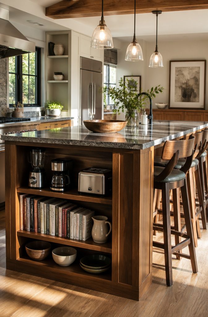 A kitchen island with shelves holding cookbooks and small appliances.