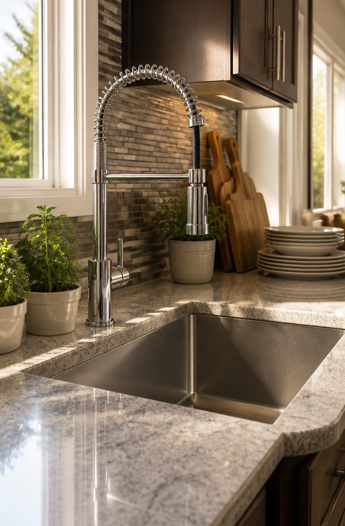 A pull-down faucet and stainless steel sink in a well-lit kitchen.