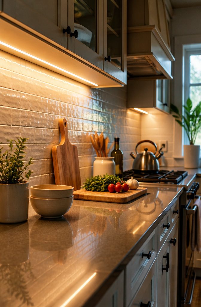 LED strip lights installed under kitchen cabinets illuminating the counter.