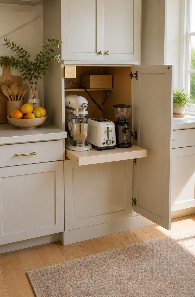 A lower cabinet with a pullout shelf for small appliances.