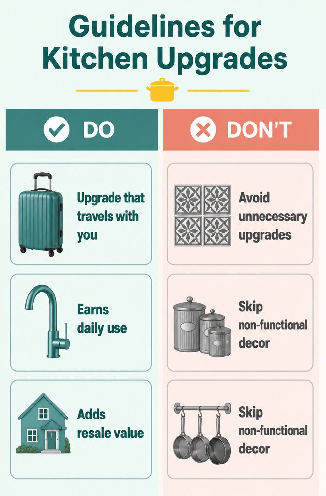 A list of guidelines for kitchen upgrades and improvements.