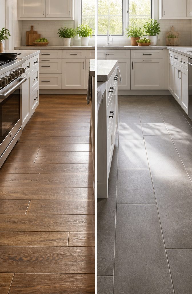 Porcelain floor tiles that resemble wood in a kitchen setting.