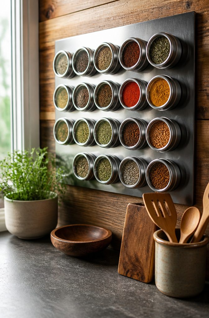 Magnetic Spice Rack Ideas: Steel Sheets, Fridge Jars, and Clear Tins 4 A row of clear-lid magnetic tins filled with spices mounted on steel.