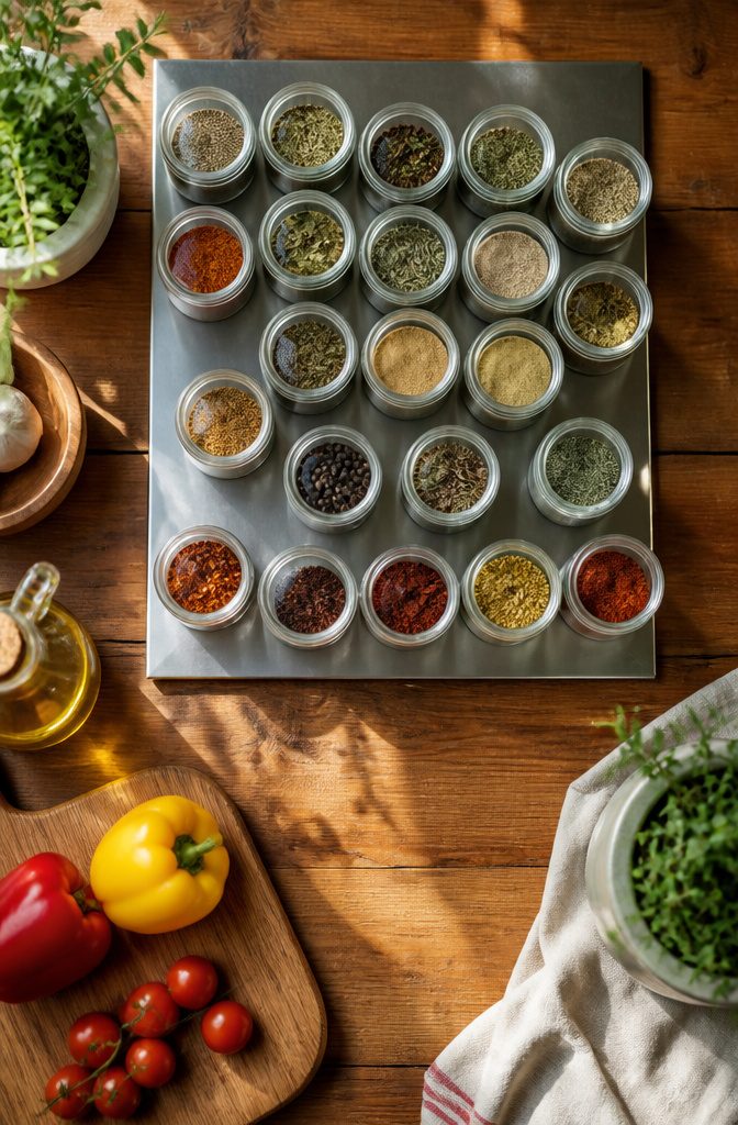 Magnetic Spice Rack Ideas: Steel Sheets, Fridge Jars, and Clear Tins 9 A collection of spices organized by type and proximity for easy access.