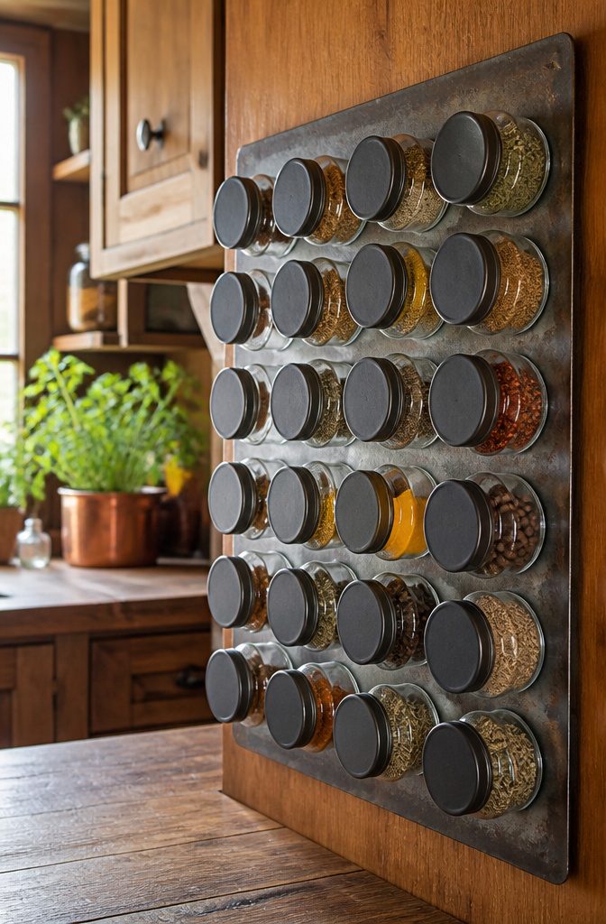Magnetic Spice Rack Ideas: Steel Sheets, Fridge Jars, and Clear Tins 6 Spice jars with labels arranged on a magnetic surface.