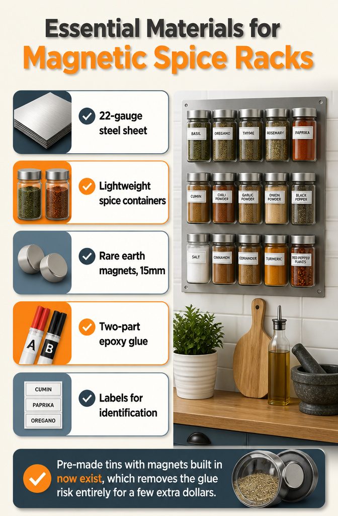 Magnetic Spice Rack Ideas: Steel Sheets, Fridge Jars, and Clear Tins 7 A list of materials needed for building a magnetic spice rack.