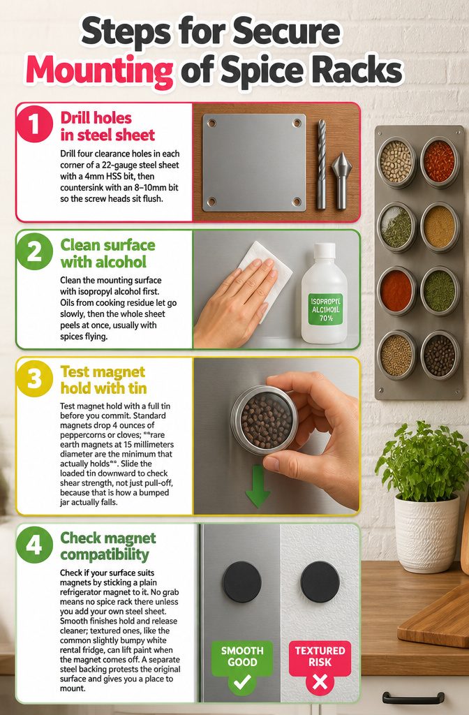 Magnetic Spice Rack Ideas: Steel Sheets, Fridge Jars, and Clear Tins 8 Instructions for mounting a magnetic spice rack on a wall.
