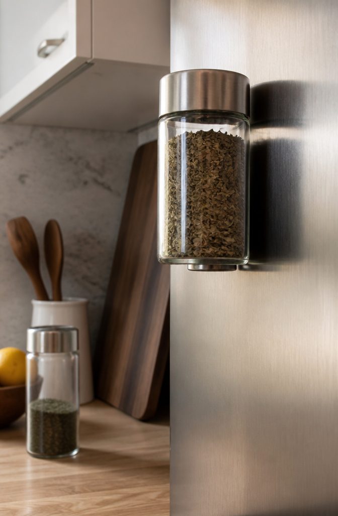 Magnetic Spice Rack Ideas: Steel Sheets, Fridge Jars, and Clear Tins 5 A glass jar with a neodymium magnet attached to a metal surface.
