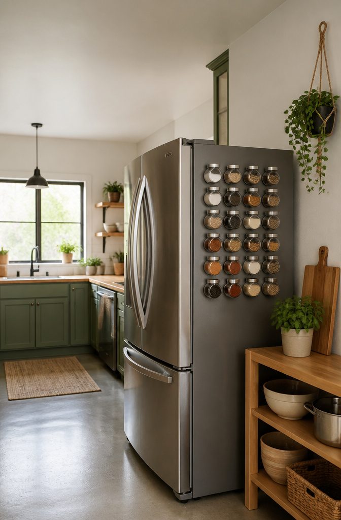 Magnetic Spice Rack Ideas: Steel Sheets, Fridge Jars, and Clear Tins 3 Clear magnetic jars attached to the side of a refrigerator.