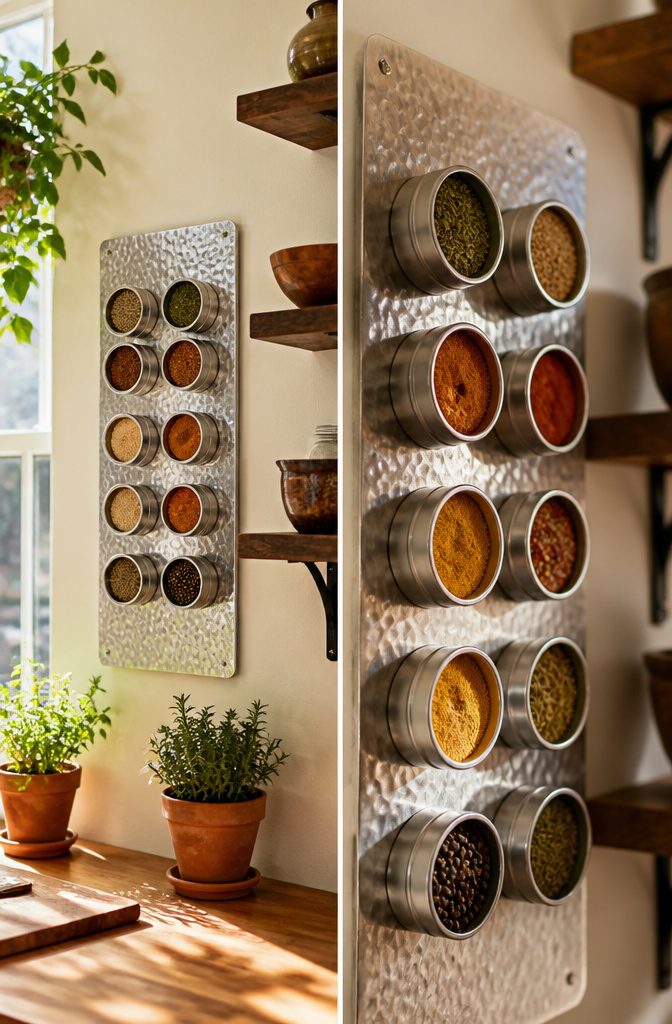 Magnetic Spice Rack Ideas: Steel Sheets, Fridge Jars, and Clear Tins 2 A steel sheet mounted on a wall with several spice tins attached.