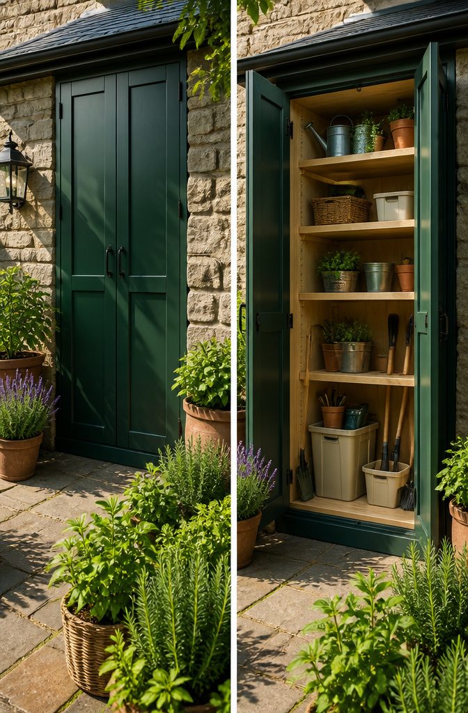 Outdoor Cupboard Ideas for Storage, Pools, Gardens and Entertaining 3 A two-door outdoor pantry cabinet in a garden area.