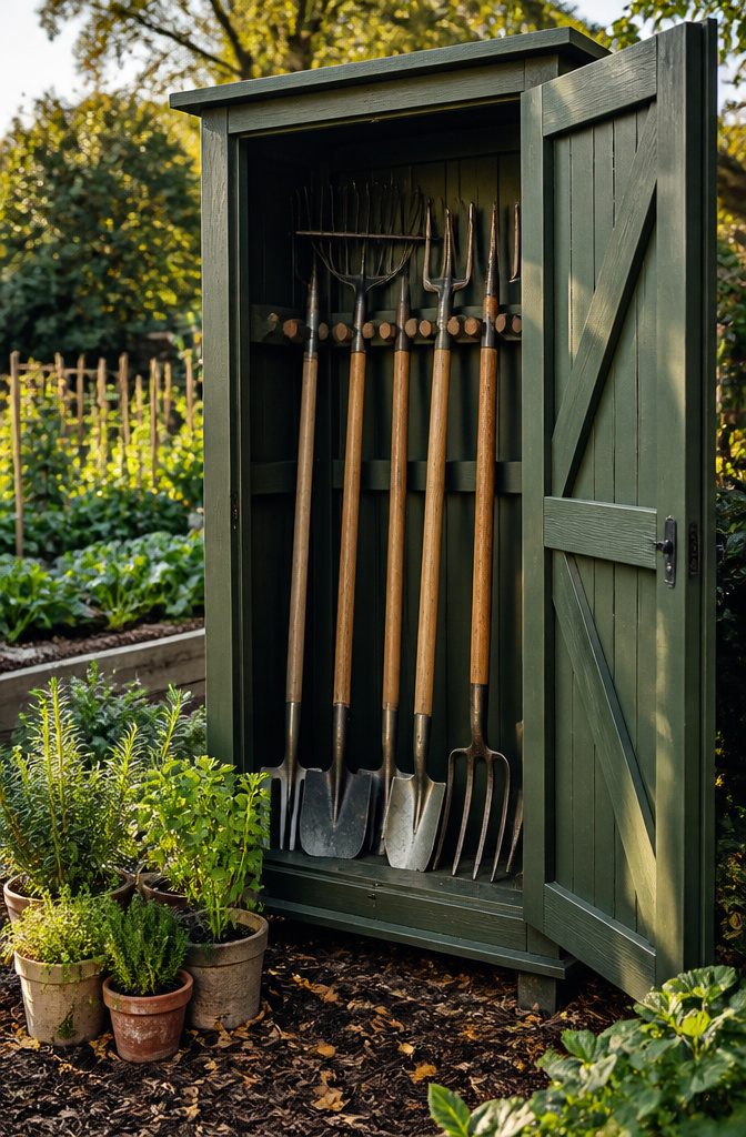 Outdoor Cupboard Ideas for Storage, Pools, Gardens and Entertaining 5 An outdoor cupboard storing long-handled gardening tools.