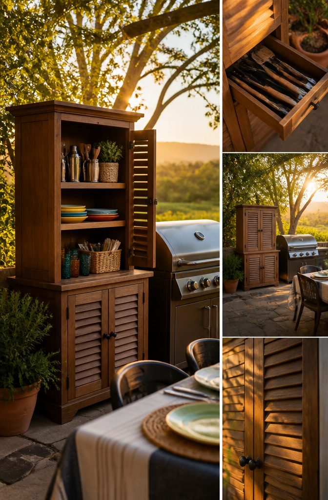 Outdoor Cupboard Ideas for Storage, Pools, Gardens and Entertaining 6 An outdoor cabinet filled with grilling utensils and serving dishes.